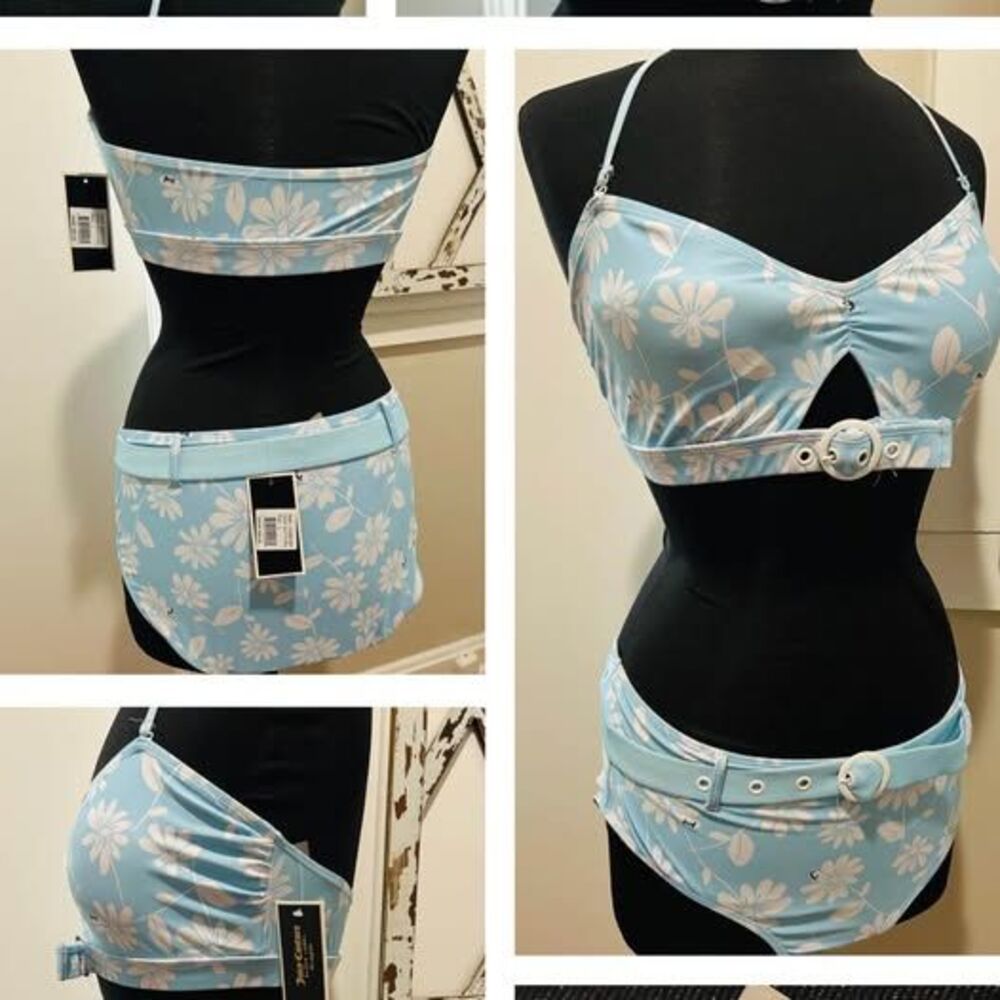 Juicy Couture SWIM Black Label Baby Blue Floral Bikini Set - Size Large NEW - Picture 2 of 2